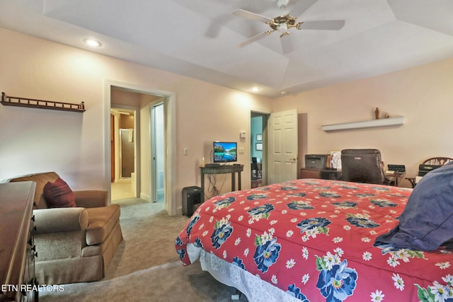 bedroom featuring a ceiling fan, vaulted ceiling, carpet flooring, and recessed lighting