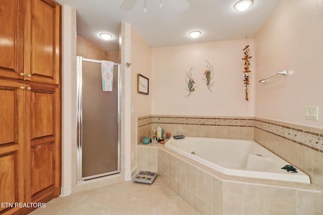 full bathroom with a stall shower, tile patterned flooring, a garden tub, and ceiling fan