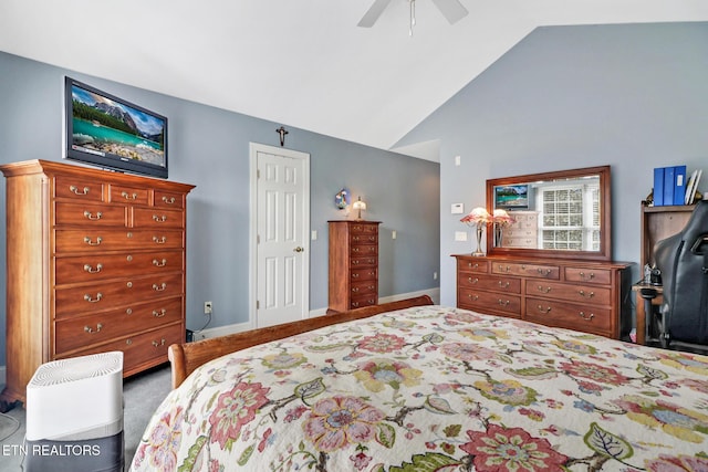 carpeted bedroom featuring lofted ceiling, ceiling fan, and baseboards