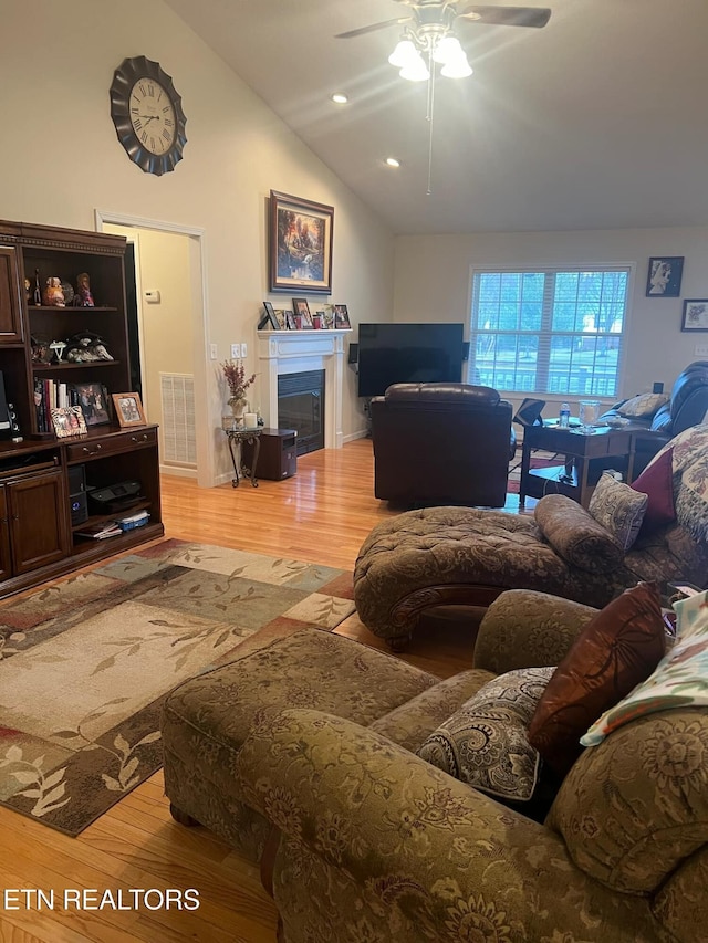 living room featuring ceiling fan, vaulted ceiling, and wood-type flooring