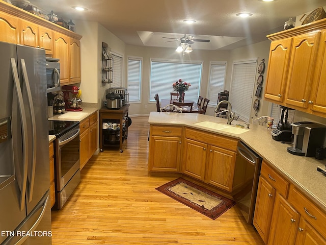 kitchen featuring sink, ceiling fan, kitchen peninsula, stainless steel appliances, and light wood-type flooring