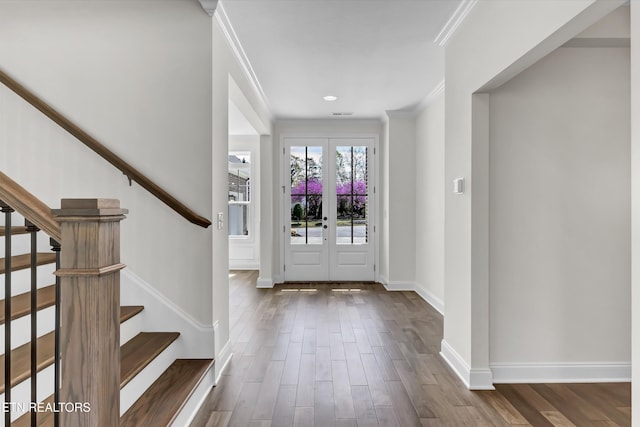 11707 Grigsby Chapel Rd, Knoxville, TN 37934 - foyer entrance featuring crown molding, baseboards, dark wood-type flooring, stairway, and french doors
