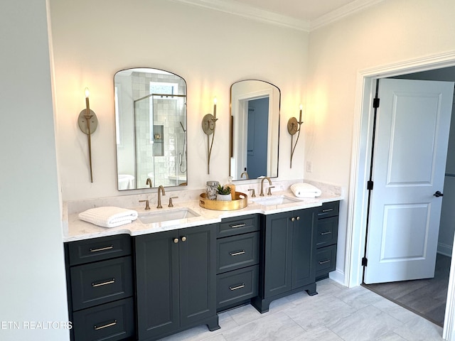 11707 Grigsby Chapel Rd, Knoxville, TN 37934 - full bathroom featuring double vanity, a stall shower, and crown molding