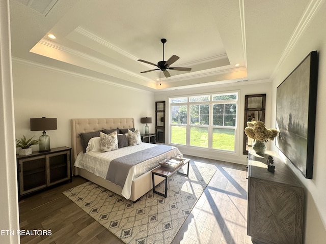 11707 Grigsby Chapel Rd, Knoxville, TN 37934 - bedroom featuring a tray ceiling, crown molding, recessed lighting, wood finished floors, and ceiling fan