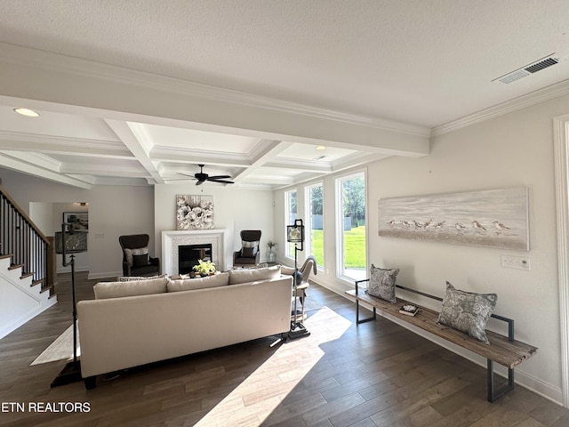 11707 Grigsby Chapel Rd, Knoxville, TN 37934 - living area featuring a glass covered fireplace, dark wood-style floors, crown molding, beam ceiling, and a ceiling fan