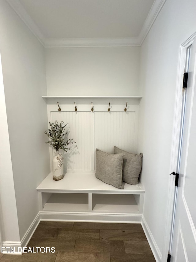 11707 Grigsby Chapel Rd, Knoxville, TN 37934 - mudroom featuring crown molding, wood finished floors, and baseboards
