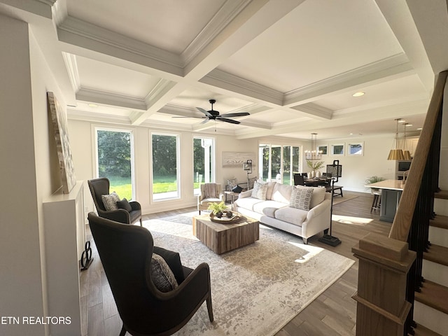 11707 Grigsby Chapel Rd, Knoxville, TN 37934 - living area with beamed ceiling, healthy amount of natural light, wood finished floors, crown molding, and coffered ceiling