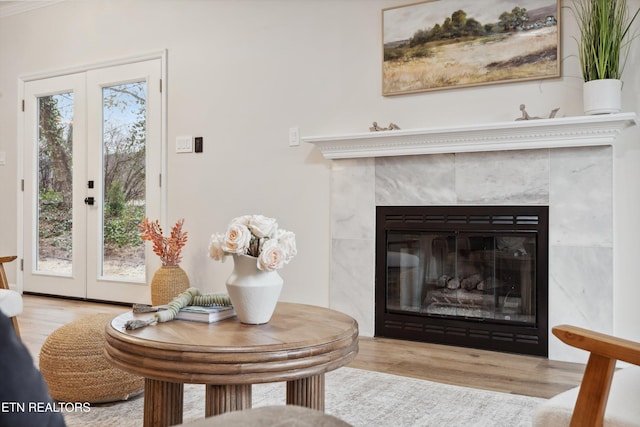 details with french doors, wood-type flooring, and a fireplace