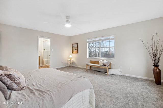 carpeted bedroom featuring ceiling fan and connected bathroom