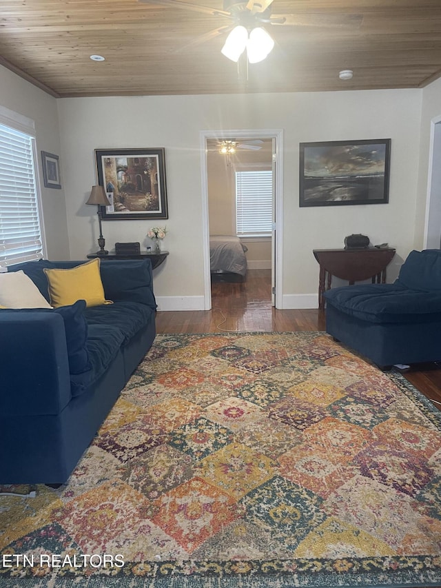 living room with ceiling fan, wood ceiling, and dark hardwood / wood-style floors