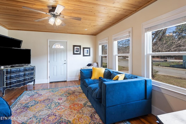 living area featuring dark wood-style floors, ornamental molding, a ceiling fan, wood ceiling, and baseboards