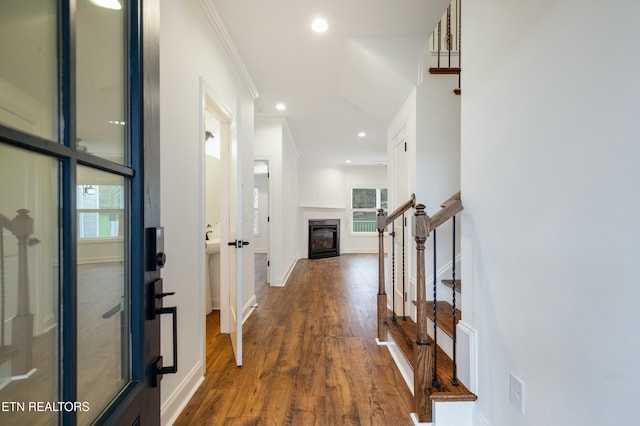 foyer entrance with stairway, wood finished floors, and a wealth of natural light