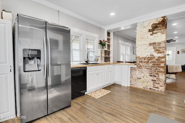 kitchen featuring stainless steel refrigerator with ice dispenser, ornamental molding, white cabinetry, wood counters, and dishwasher