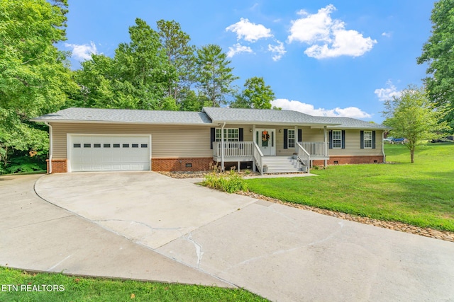 ranch-style home with a front yard, covered porch, crawl space, and an attached garage