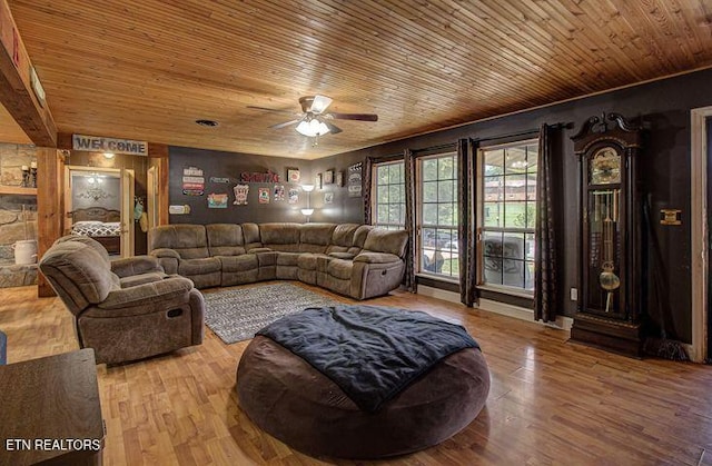 living room with wood-type flooring, wooden ceiling, and ceiling fan