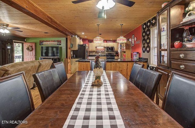 dining room with beam ceiling, wood ceiling, and ceiling fan