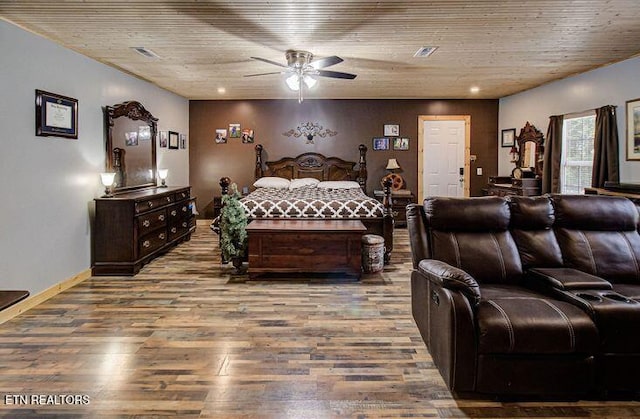 bedroom featuring hardwood / wood-style flooring and wooden ceiling