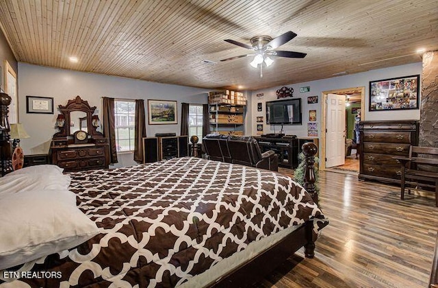 bedroom with wood-type flooring, wooden ceiling, and ceiling fan