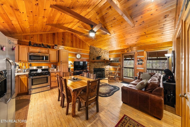 dining area with wood walls, a fireplace, light hardwood / wood-style flooring, and wooden ceiling