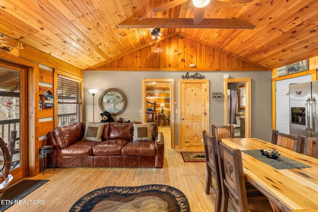 living room featuring lofted ceiling, ceiling fan, light hardwood / wood-style floors, and wooden ceiling