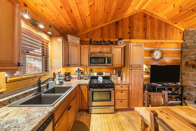 kitchen with lofted ceiling, sink, wooden ceiling, and appliances with stainless steel finishes