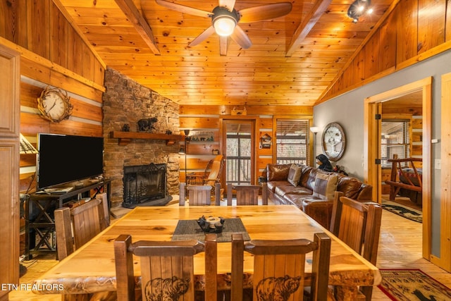 dining area with ceiling fan, lofted ceiling, wood ceiling, and light wood-type flooring