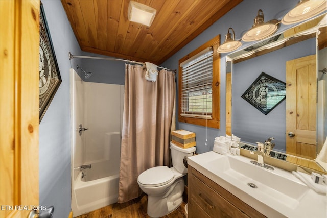 full bathroom with toilet, shower / tub combo, wooden ceiling, vanity, and hardwood / wood-style flooring