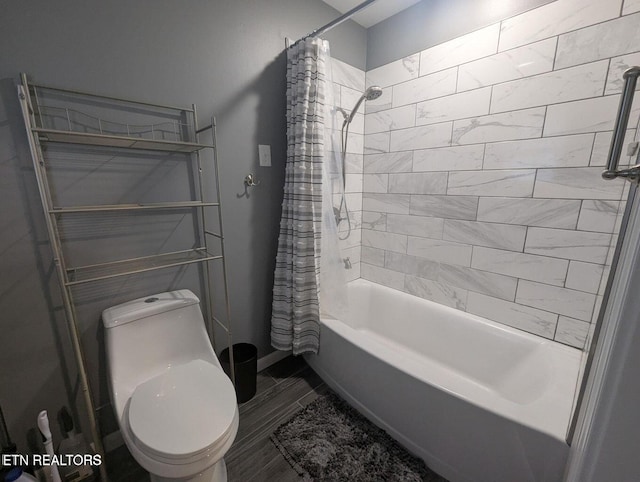 bathroom featuring toilet and shower / bathtub combination with curtain