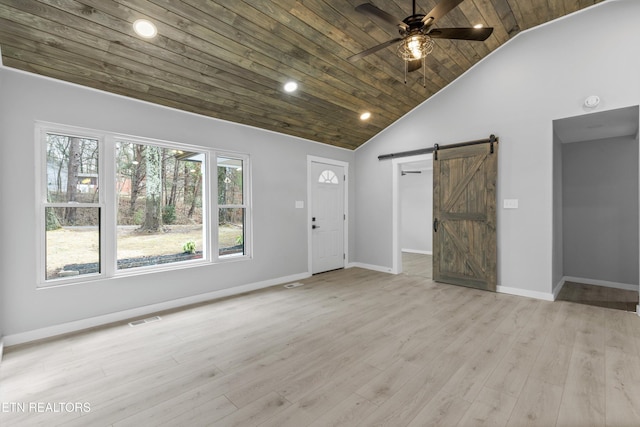 entrance foyer featuring wood ceiling, ceiling fan, high vaulted ceiling, a barn door, and light wood-type flooring