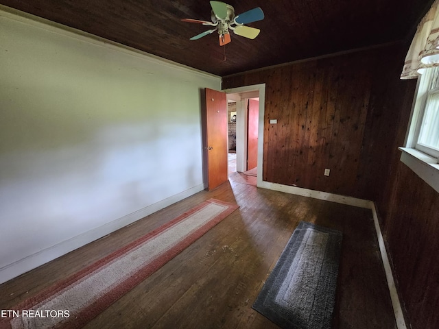 unfurnished room with dark wood-type flooring, wooden ceiling, ceiling fan, and wood walls