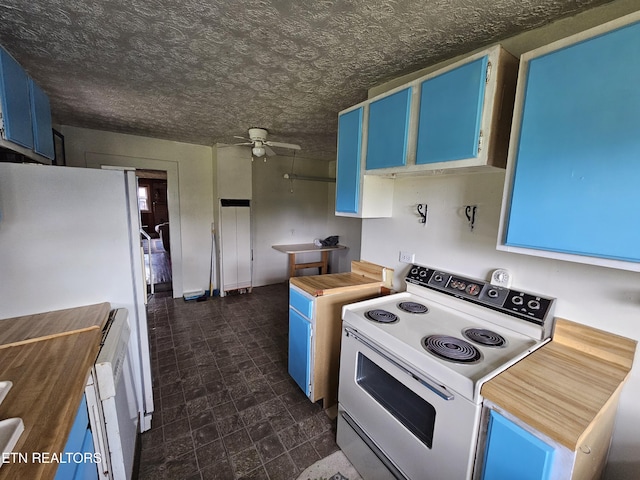 kitchen featuring wood counters, blue cabinets, white appliances, a textured ceiling, and ceiling fan