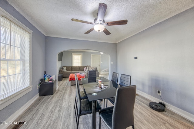 dining room featuring ceiling fan, a textured ceiling, and light wood-type flooring