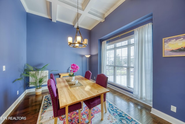 dining room featuring beamed ceiling, coffered ceiling, dark wood-type flooring, and a chandelier