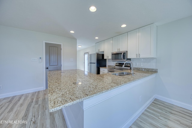 kitchen featuring a peninsula, appliances with stainless steel finishes, a sink, and white cabinetry