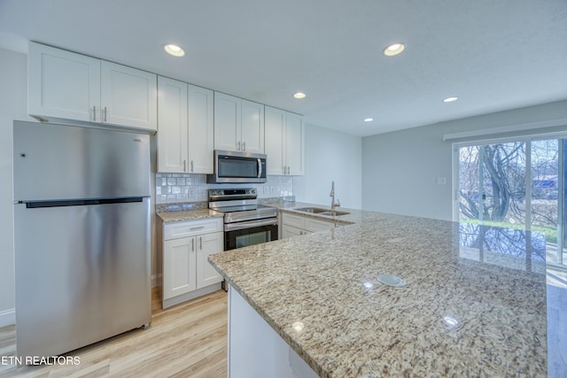 kitchen featuring a peninsula, a sink, white cabinets, appliances with stainless steel finishes, and light stone countertops