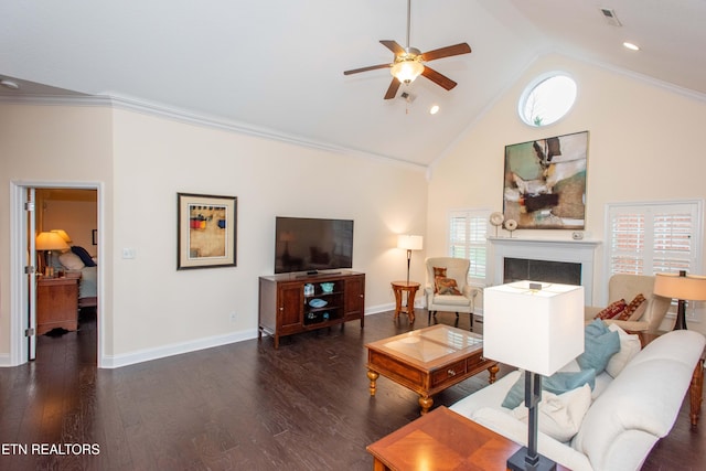 living room with crown molding, ceiling fan, dark hardwood / wood-style flooring, and high vaulted ceiling