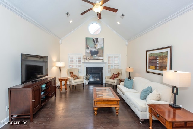 living room featuring crown molding, high vaulted ceiling, dark hardwood / wood-style floors, and ceiling fan