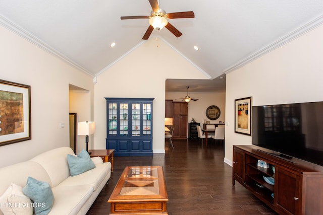 living room with dark hardwood / wood-style flooring, crown molding, high vaulted ceiling, and ceiling fan