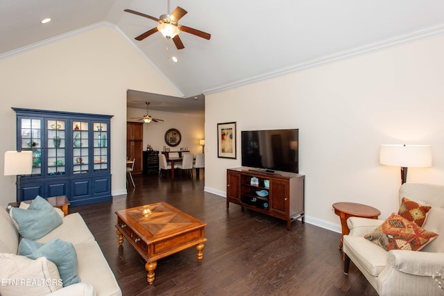 living room with dark wood-type flooring, ceiling fan, crown molding, and high vaulted ceiling