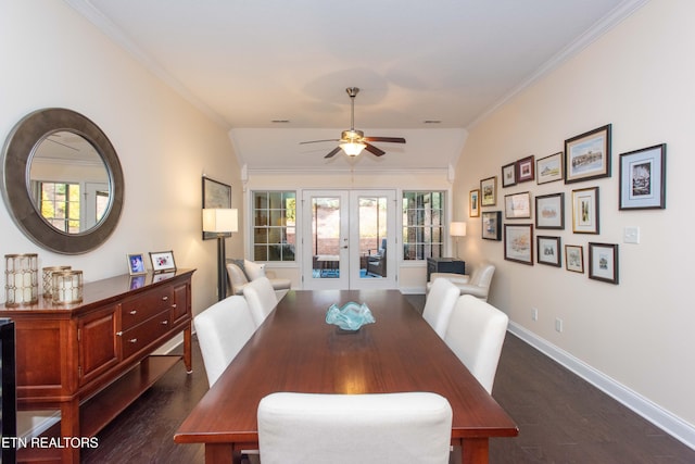 dining room featuring dark wood-type flooring, ornamental molding, french doors, and ceiling fan