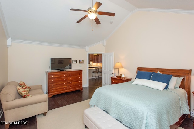 bedroom with crown molding, high vaulted ceiling, dark wood-type flooring, and ceiling fan