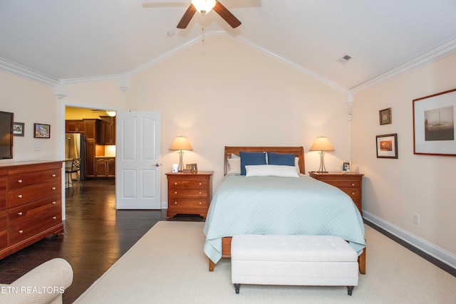 bedroom with crown molding, lofted ceiling, dark hardwood / wood-style floors, and high end fridge