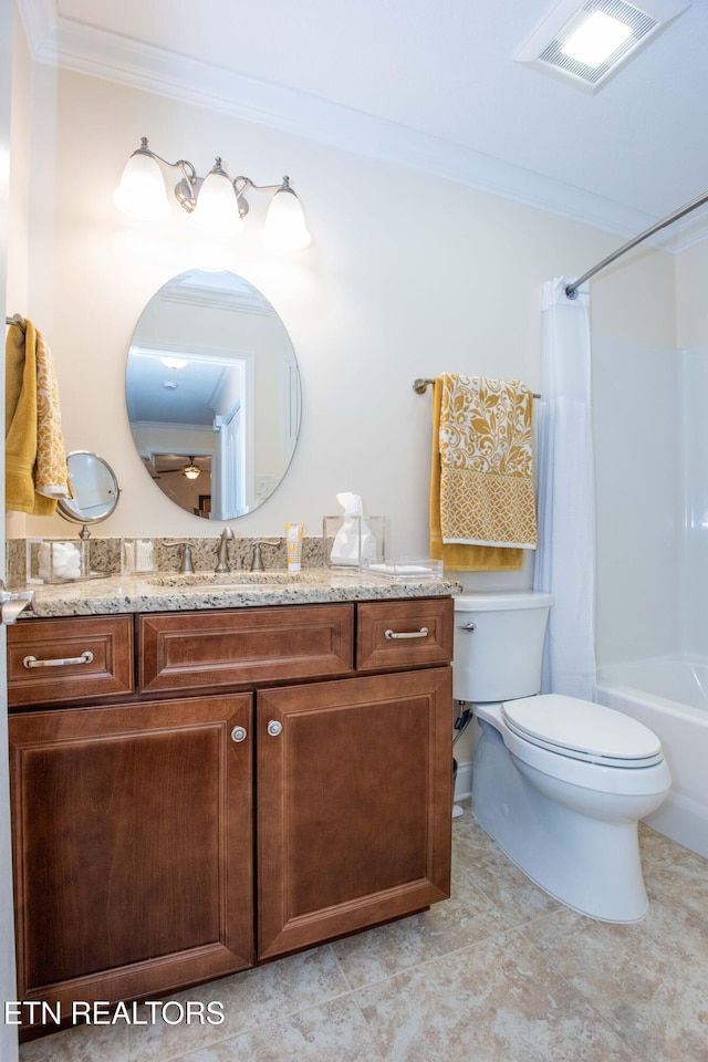 full bathroom with vanity, ornamental molding, toilet, and shower / tub combo with curtain