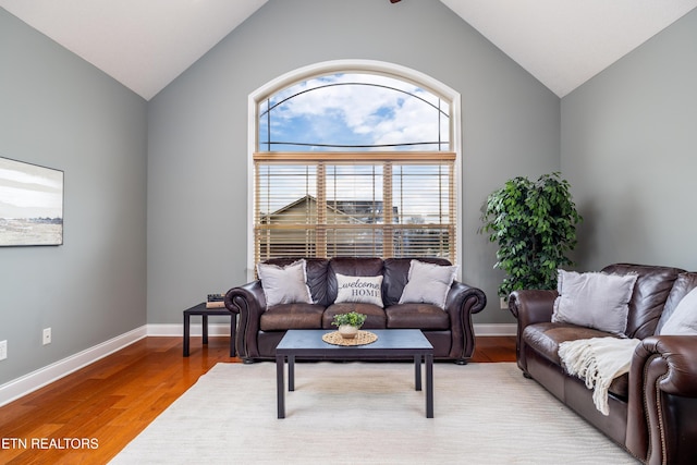 living room featuring hardwood / wood-style flooring and vaulted ceiling