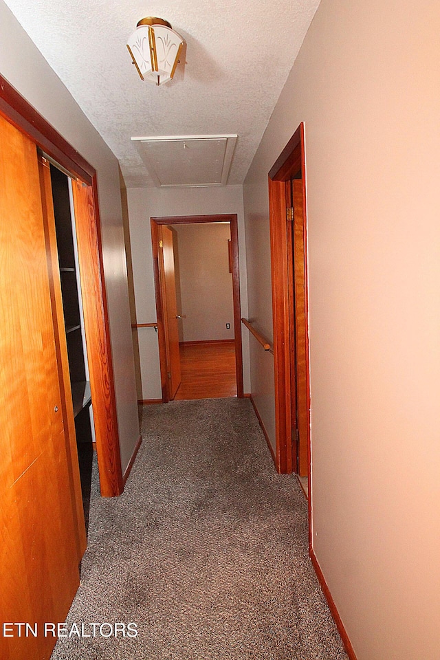 hall with a textured ceiling and carpet flooring