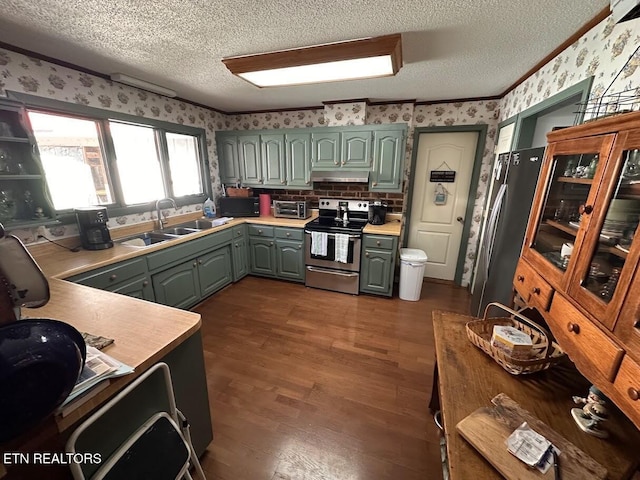 kitchen featuring sink, dark hardwood / wood-style floors, a textured ceiling, and stainless steel appliances