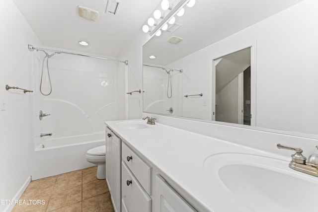 full bathroom with vanity, toilet, tub / shower combination, and tile patterned flooring