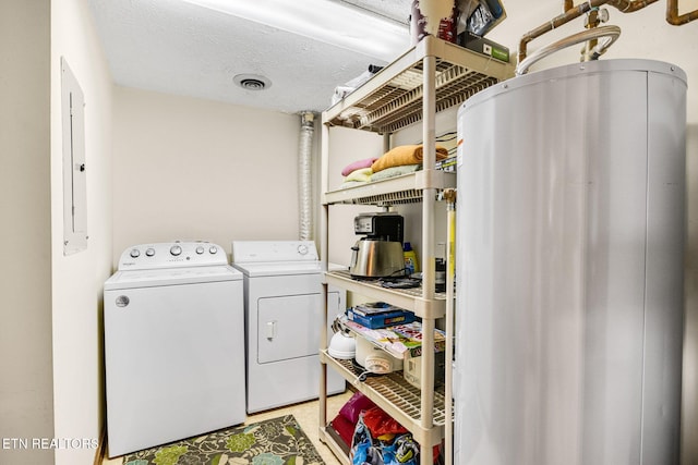 1130 Ski View Dr, Gatlinburg, TN 37738 - laundry area featuring a textured ceiling, gas water heater, laundry area, visible vents, and washing machine and clothes dryer