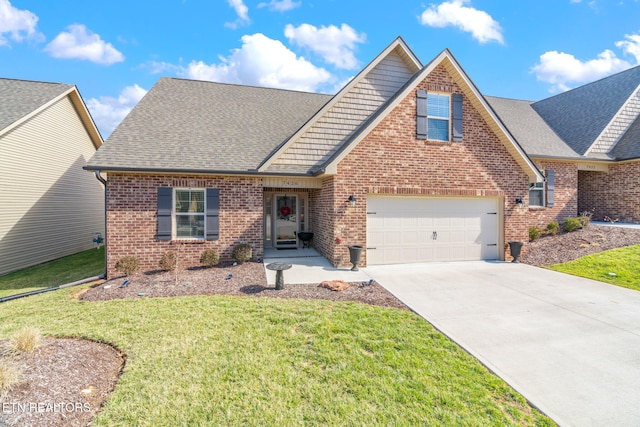traditional home with an attached garage, brick siding, concrete driveway, roof with shingles, and a front lawn