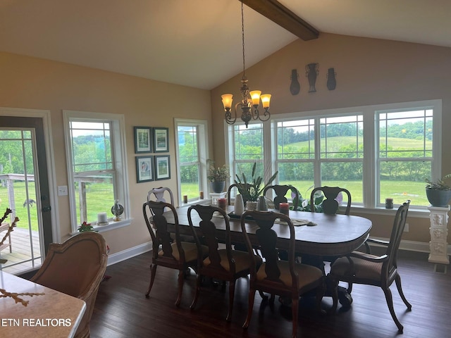 dining area with vaulted ceiling with beams, a chandelier, and dark hardwood / wood-style flooring